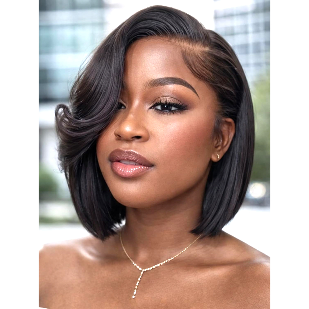 UNice Bye-Bye Slip ™   Peluca Bob Recta de Cabello Humano con Parte Lateral de Encaje 7x5, Flequillo Lateral y Cordón Invisible