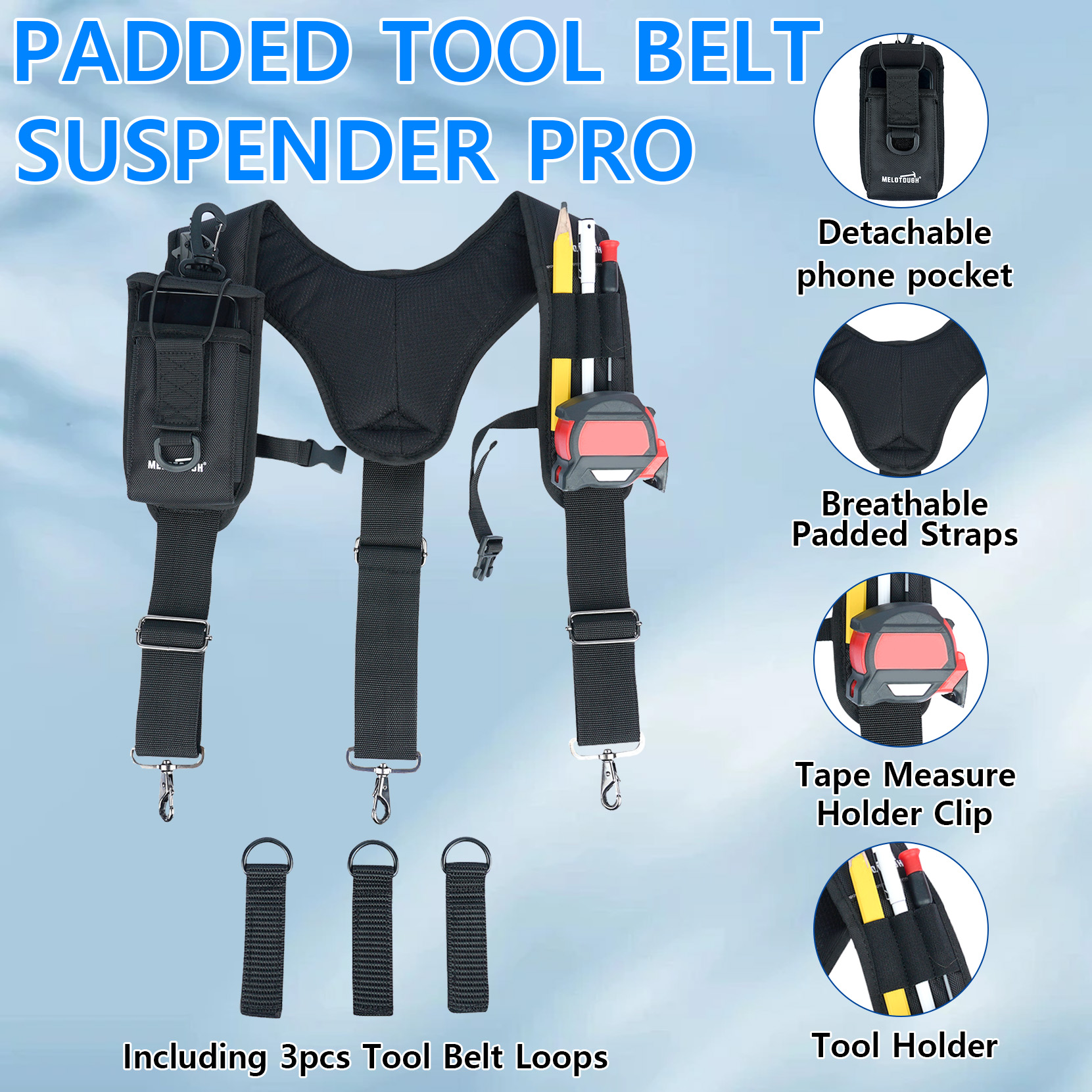 Bretelles de ceinture à outils rembourrées et robustes, réglables, pour la construction, le charpentier, l'électricien, l'agricoleur, le couvreur
