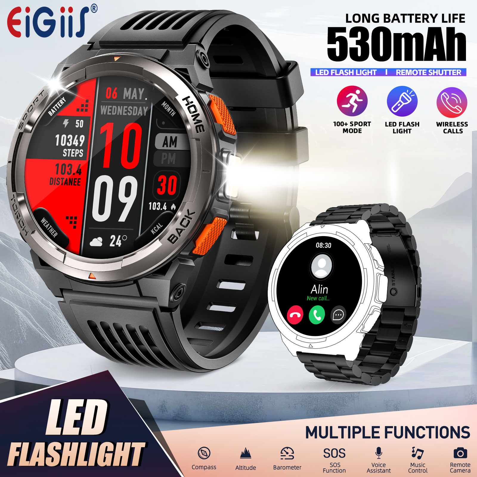 EIGIIS 1.45 Inch Smart Watch KE5 3ATM Waterproof Original Design Sports Watch With Compass And Altitude Barometer LED Flashlight