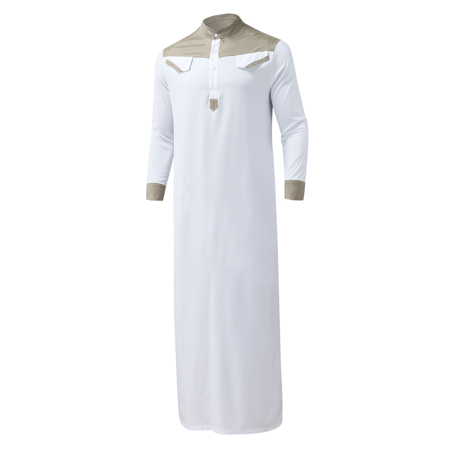 Men's Contrast Color Muslim Robe Long Sleeve Half Zipper Kaftan Jubba Thobe Casual Islamic Dubai Long Robes Male Musulmane Robes