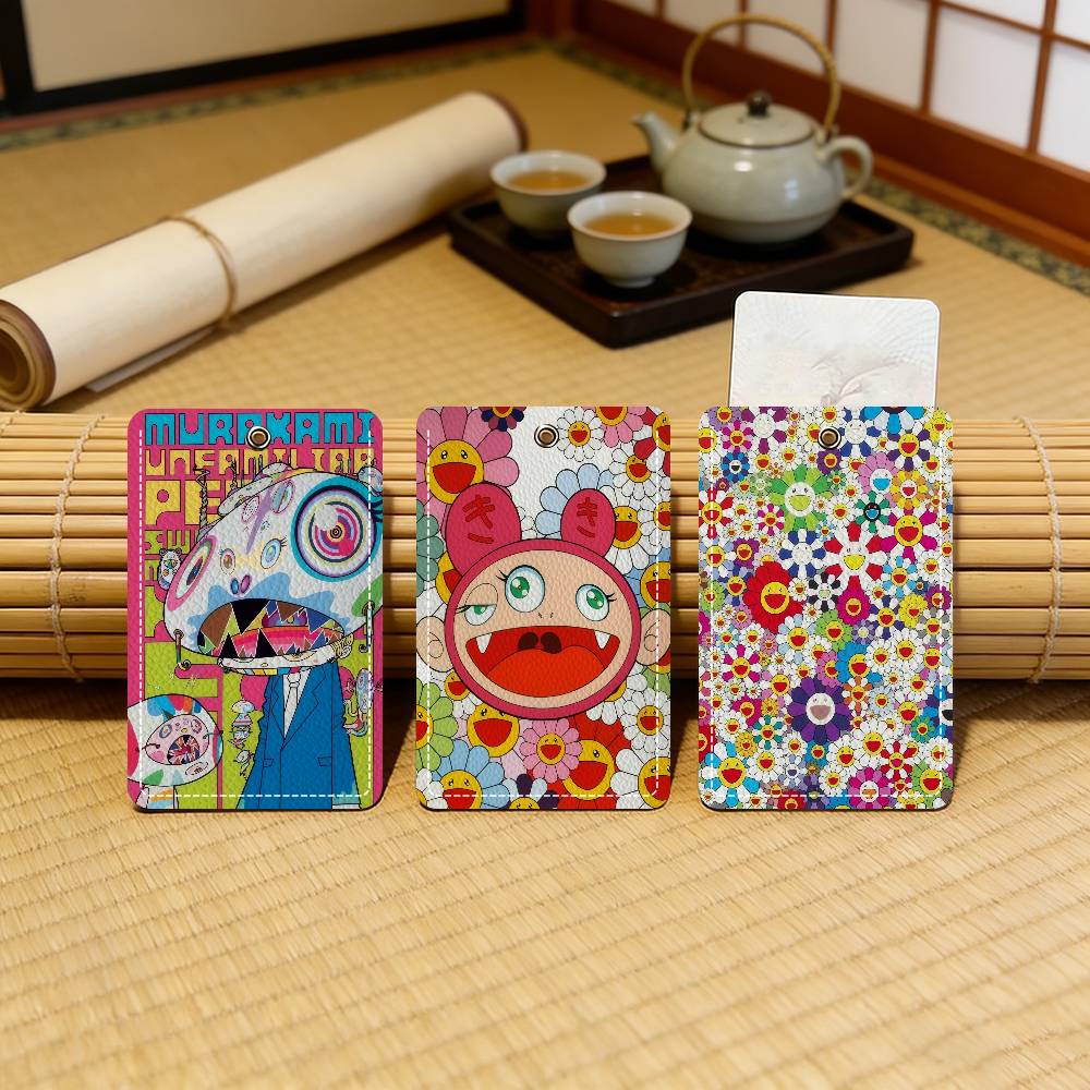 Estuche de Cuero Premium para Tarjetas y Llavero con Diseño Estético T-Takashi-M-Murakami, Resistente a Arañazos, para Tarjetas de Autobús