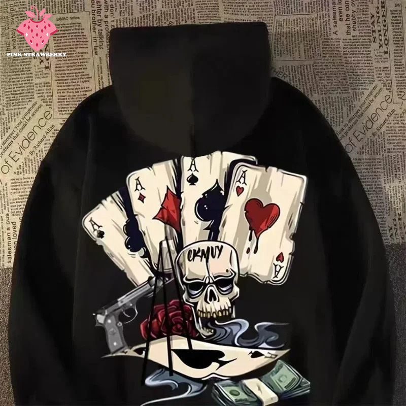 2026 novos homens hoodies outono pulôver moletom com capuz oversized moda solta esqueleto poker impressão manga longa roupas de casal ﻿