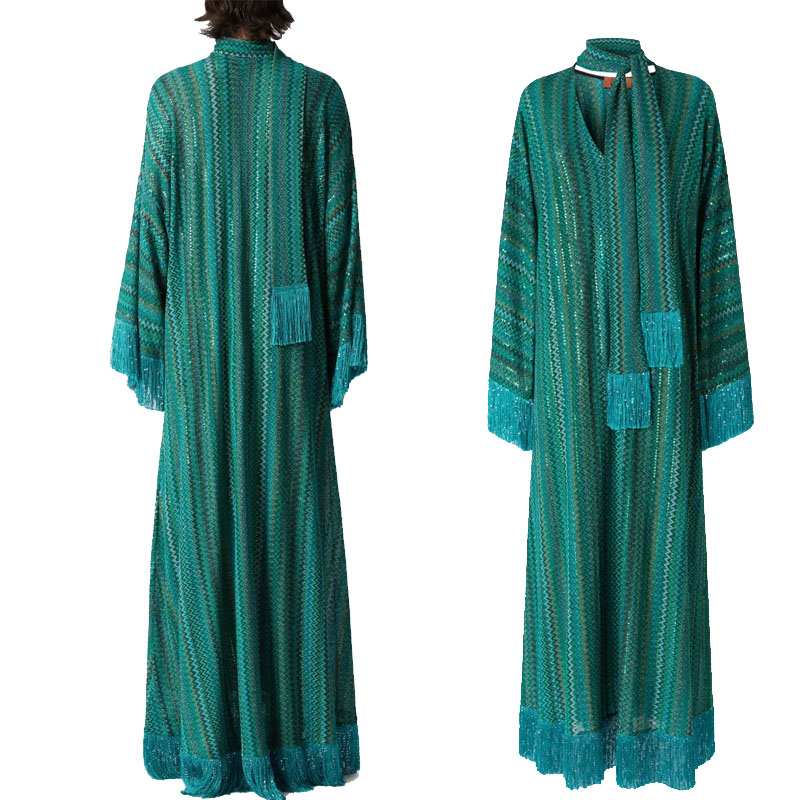Vestido largo elegante de punto con borlas para mujer, vestidos holgados con cuello en V y bufanda de manga larga para mujer, batas de vacaciones en la playa para verano 2025