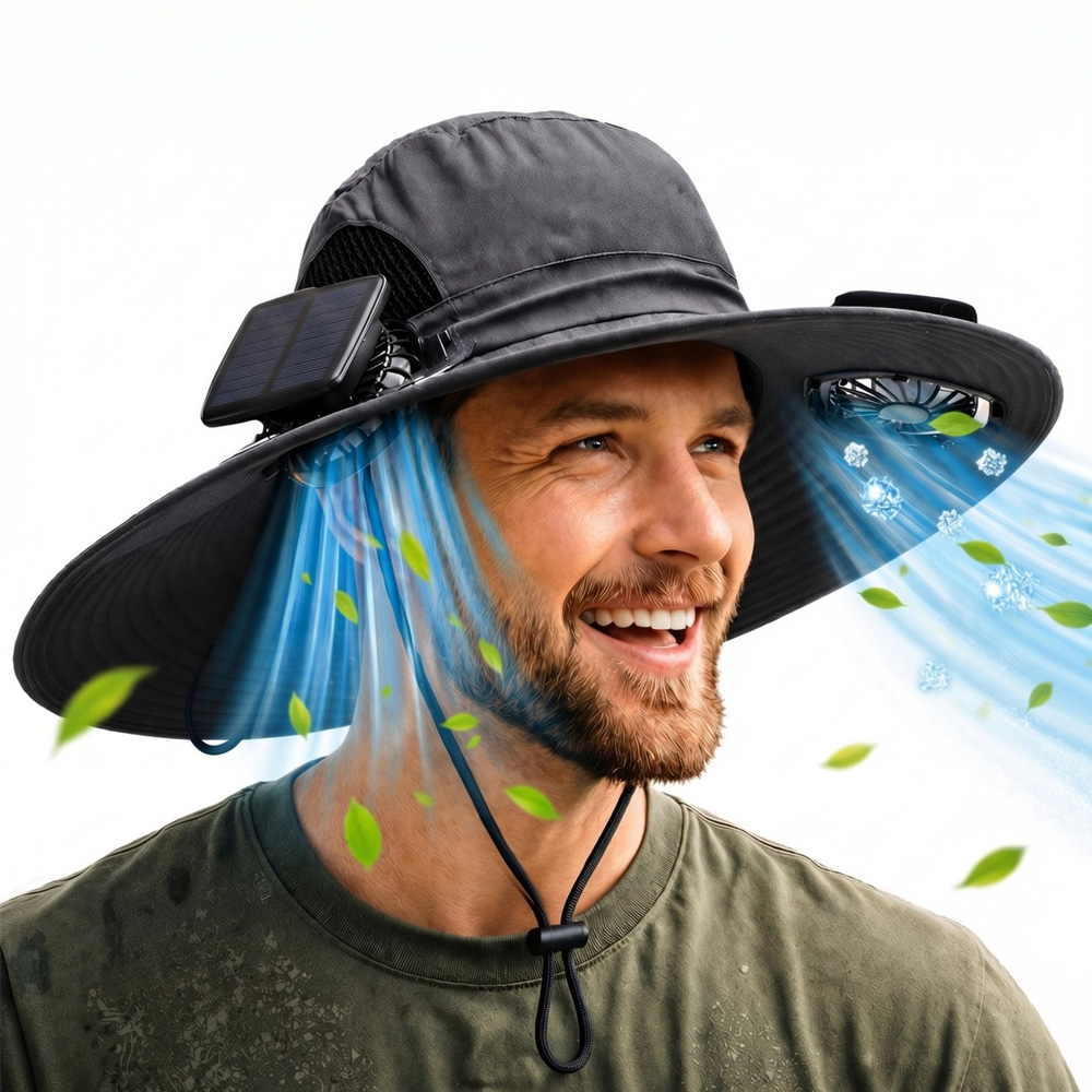 Sombrero para el Sol con 2 Ventiladores Solares, Ala Ancha, Tipo Pescador, USB y Energía Solar, para Hombre y Mujer, UPF 50+, Refrigeración para Pesca y Playa