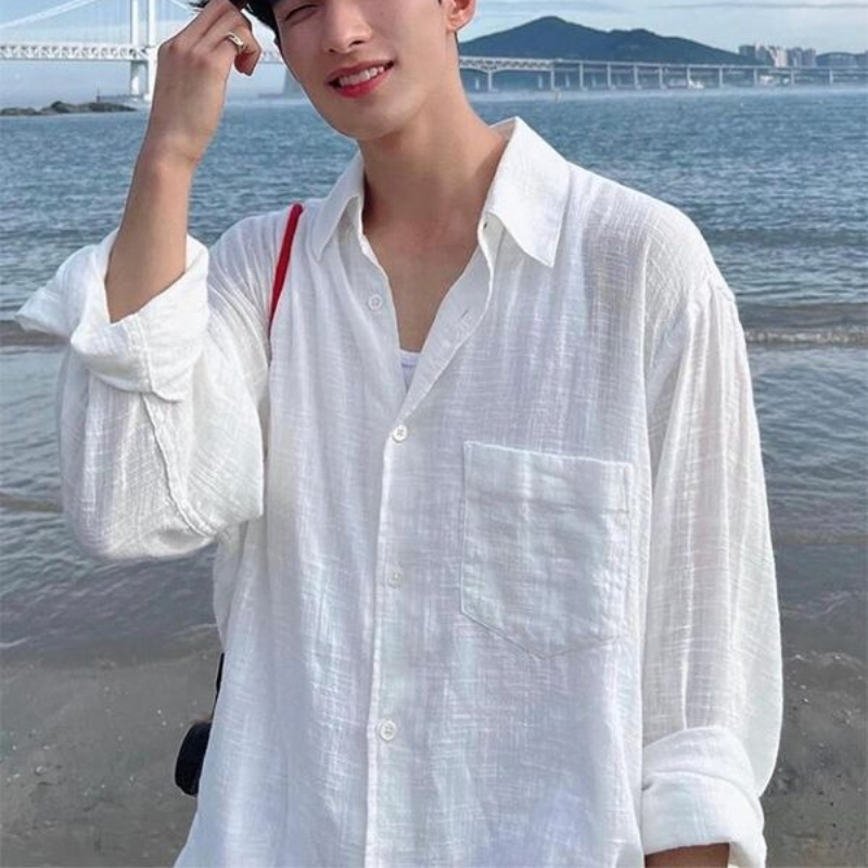 เสื้อเชิ้ตผู้ชาย พรีเมียม บาง สีขาว ทรงหลวม ระบายอากาศได้ดี แขนยาว ป้องกันแสงแดด น้ำหนักเบา เหมาะสำหรับวันหยุด มีกระเป๋าเสื้อ
