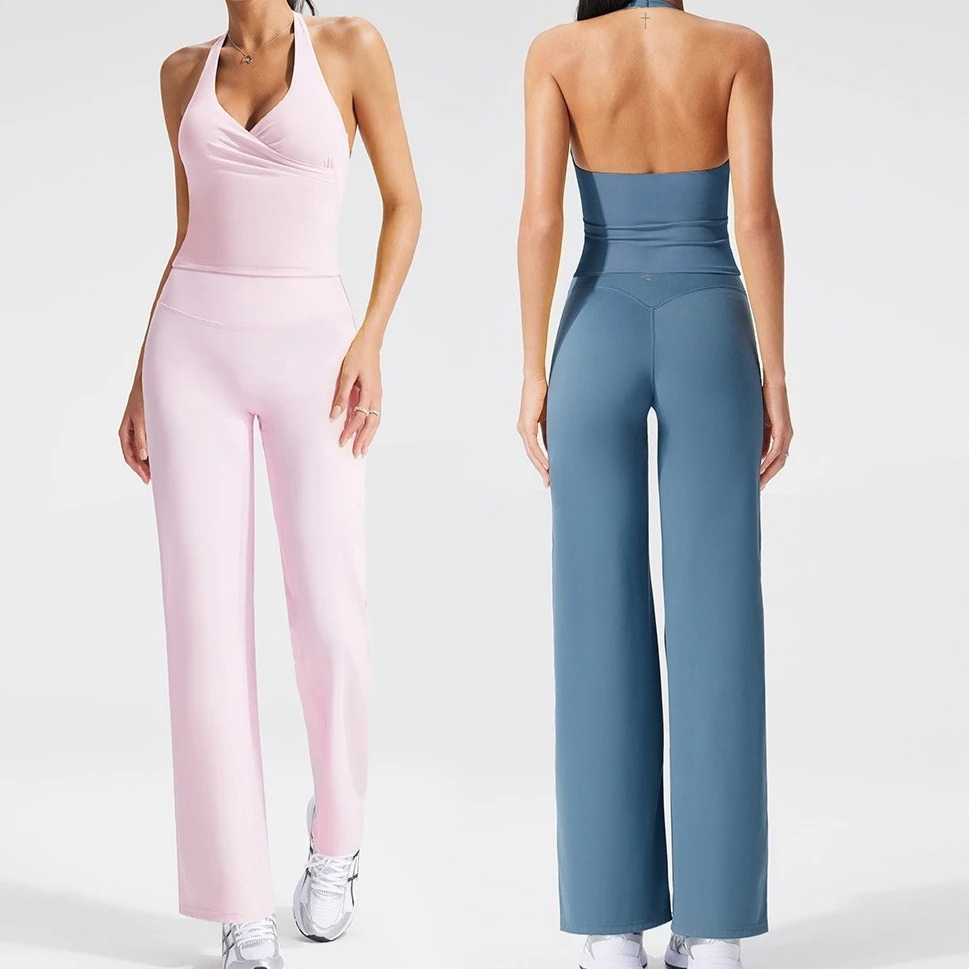 C-B Dames 2-delige Yogaset Halter V-hals Top met ingebouwde bh Hoge taille rechte pijp broek Stretch Gym Pilates Sportkleding