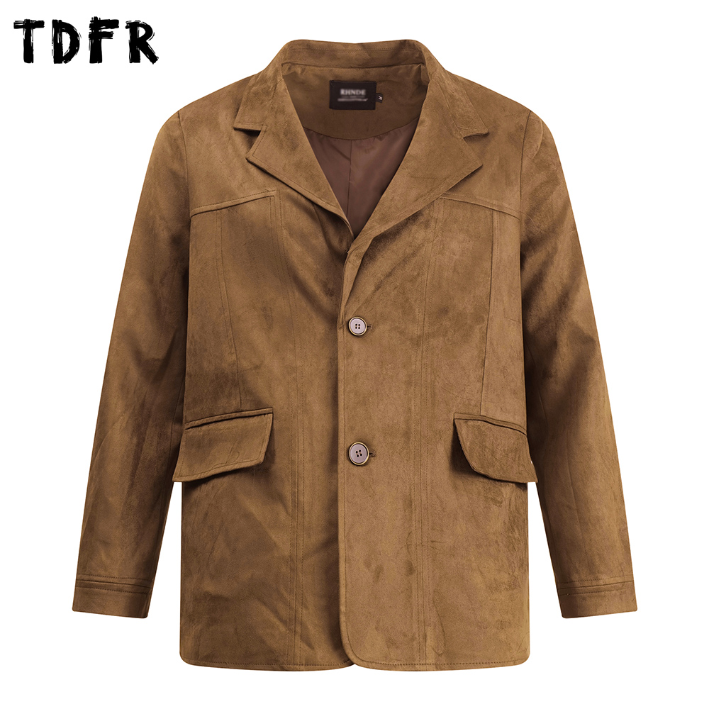 Giacche da abito in pelle scamosciata retrò da uomo autunno casual allentato monopetto bavero manica lunga capispalla uomo