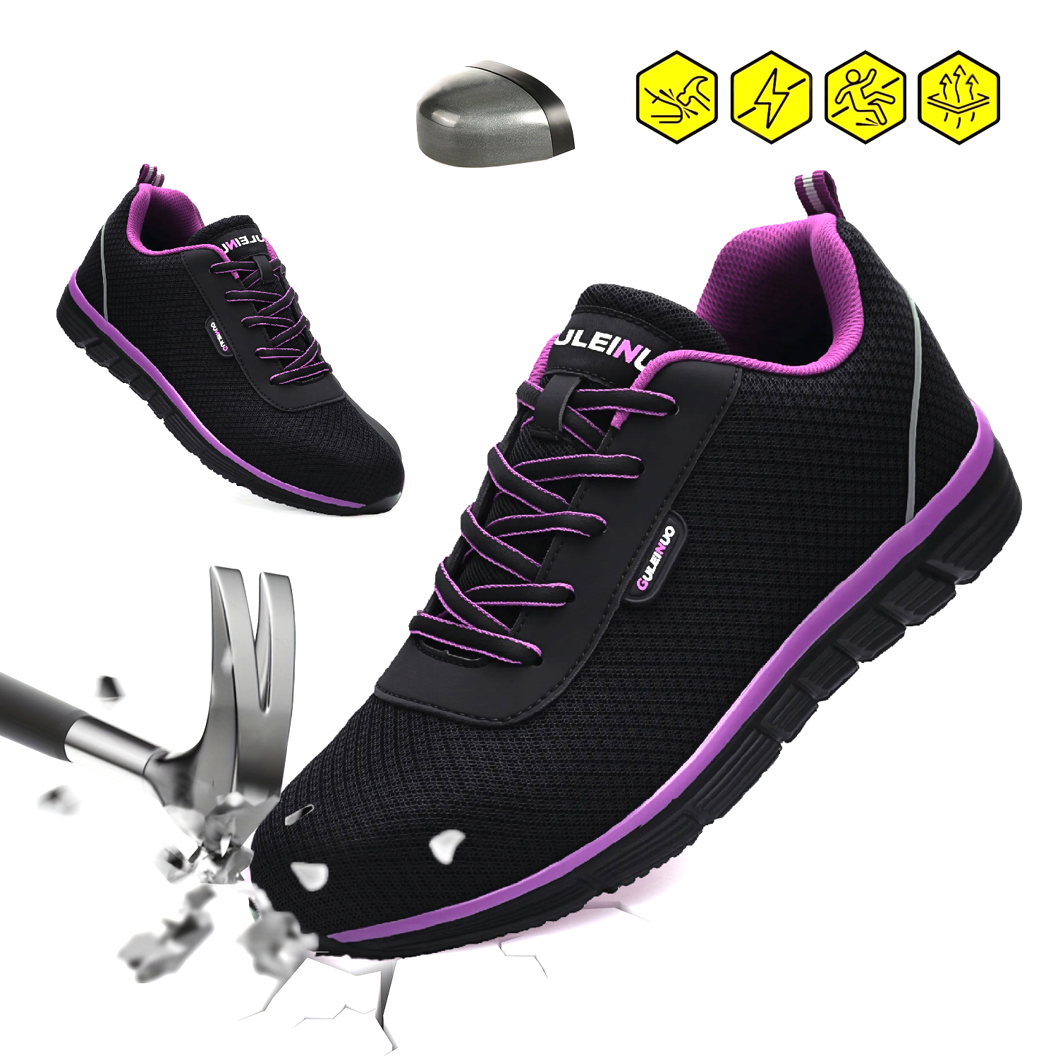 Sapatos de trabalho de segurança femininos sapato de dedo do pé de aço leve respirável anti-esmagamento src antiderrapante tênis