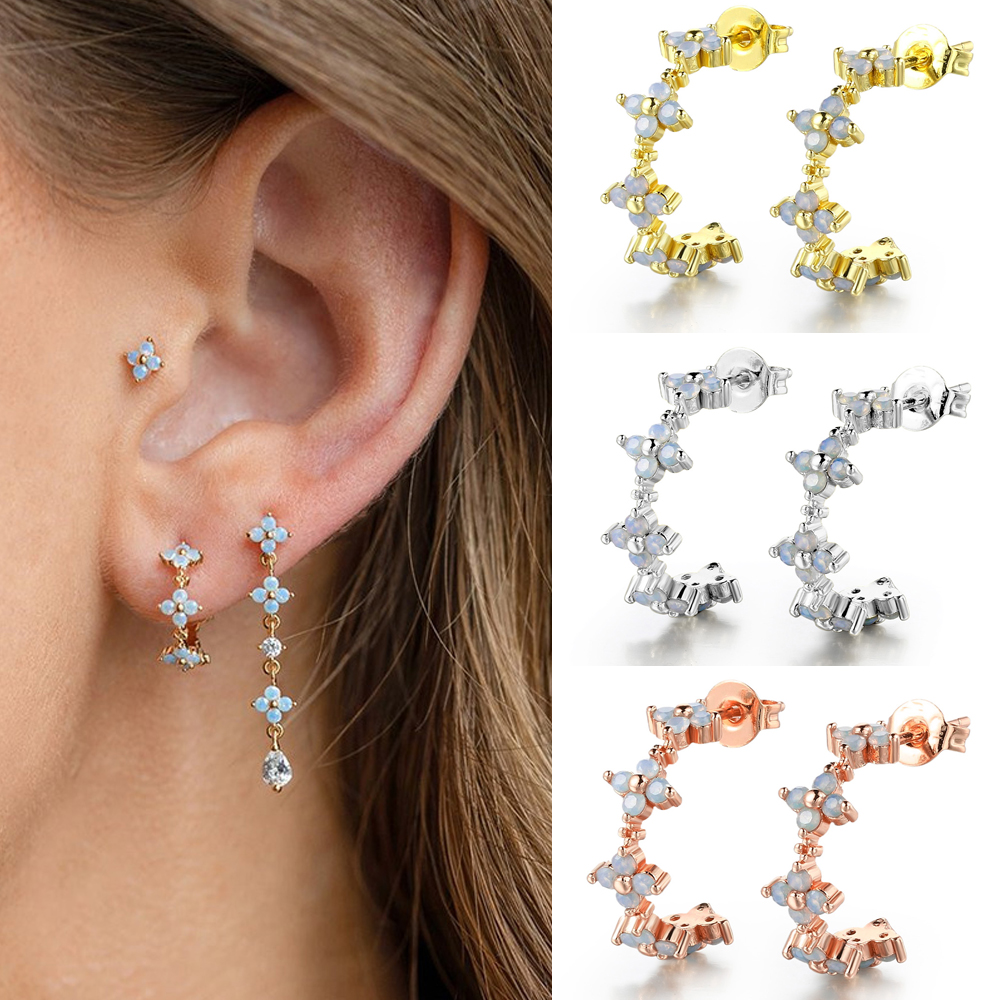 Brincos de argola de pedra opala para mulheres, anéis em forma de C, acessórios estéticos de moda, joias, trevo, KAE077