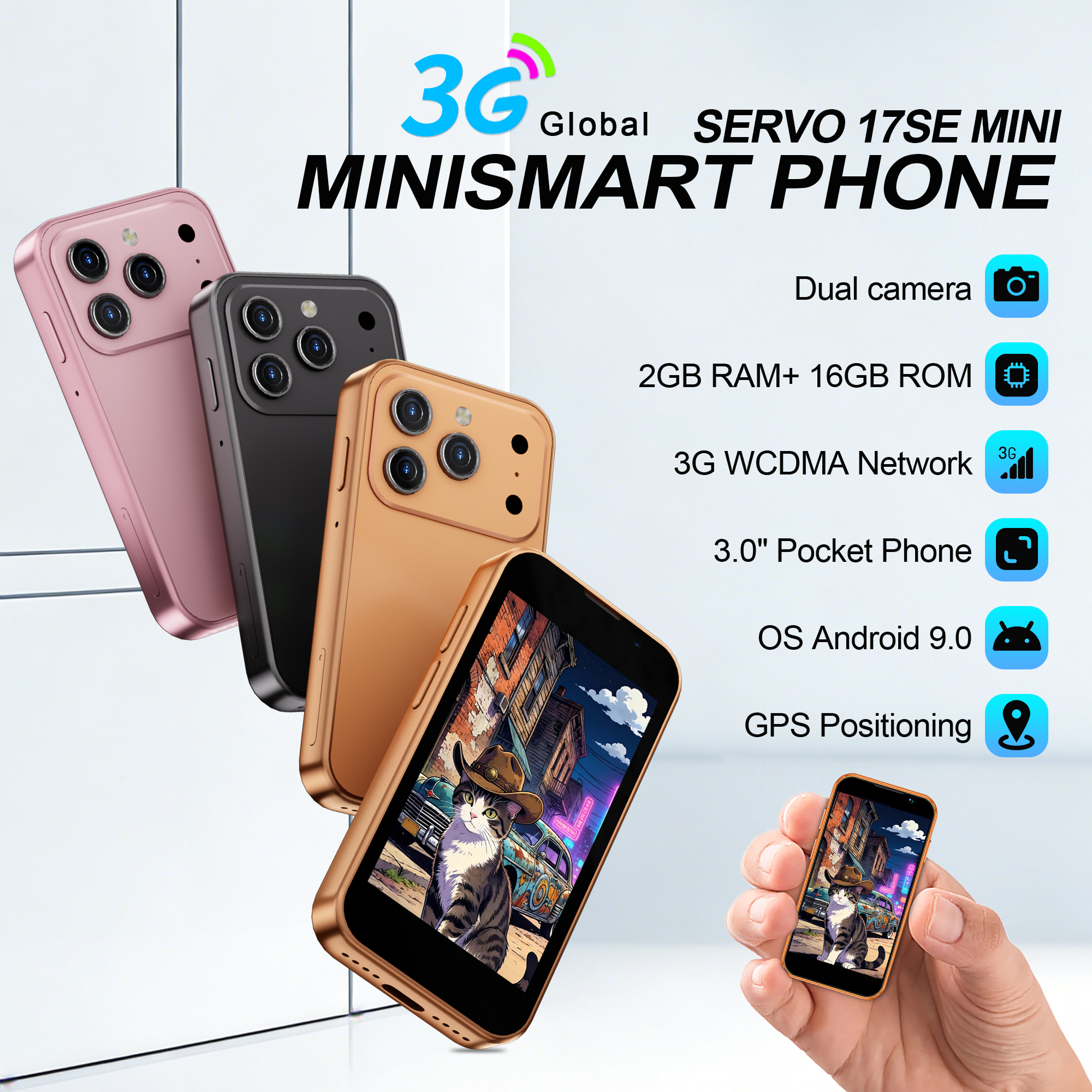 SERVO 17SE Mini-Smartphone Android Dual-SIM 3G-Netzwerk 2GB RAM 16GB ROM 3,0-Zoll-Tiny-Screen ‌   Smartphones mit Gesichtserkennung GPS WLAN Kamera Kleines Taschen-Handy