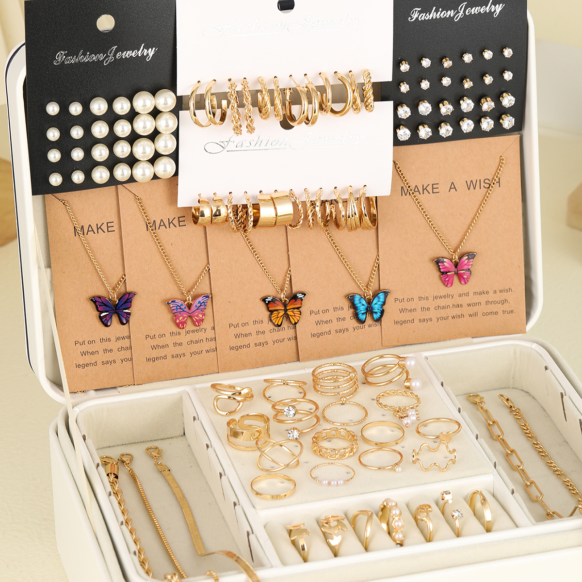 104 buah/set mode logam mutiara zirkon anting kupu-kupu kalung gelang cincin kombinasi set perhiasan untuk wanita hadiah