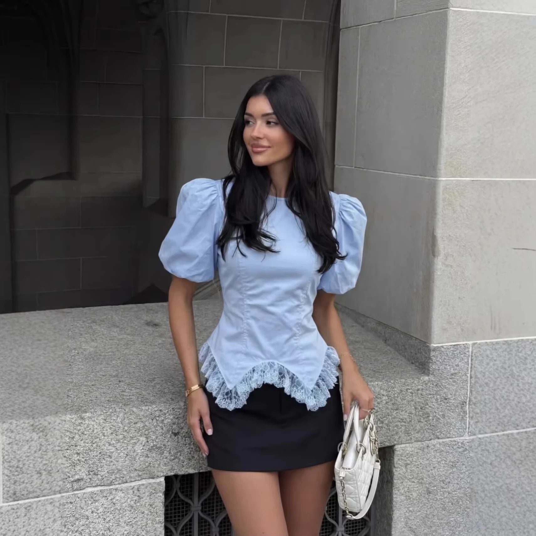 Retro Niche Irregular Lace Hem Round Neck Puff Sleeves Back Tie Shirt Fashion Simple Versatile Slim Short Sleeves Top