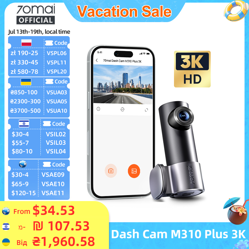 Новый видеорегистратор 70mai M310 Plus 3K 1620P WDR с голосовым управлением 139 ° Автомобильный видеорегистратор FOV 70mai M310 Plus 3K Автомобильный рекордер Монитор парковки