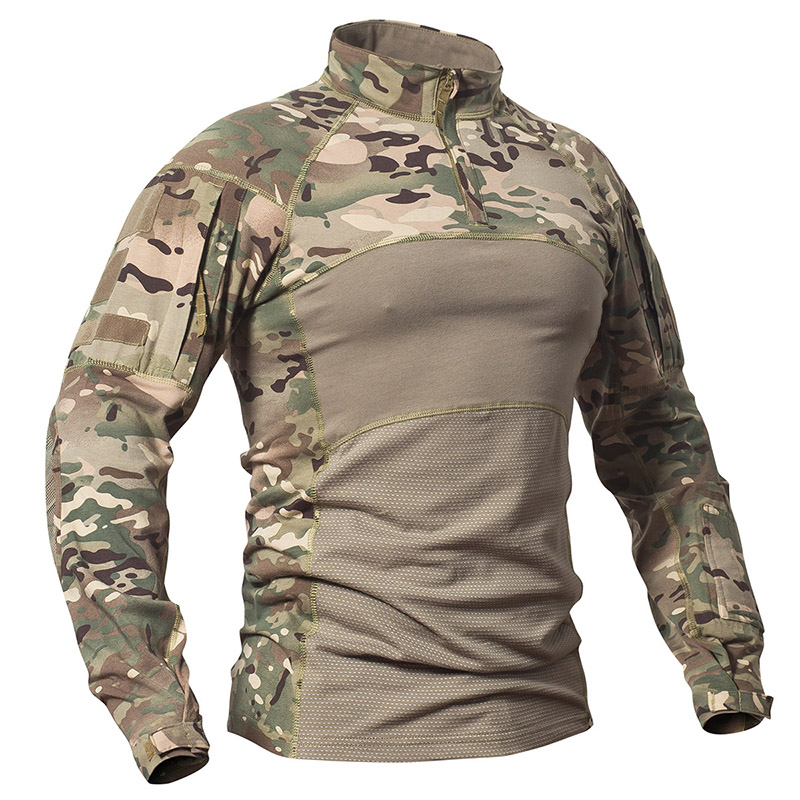Herren Taktisches Kampfhemd Stretch Multicam Airsoft Paintball Jagdbekleidung Baumwolle 1/4 Reißverschluss Hemden Langarm Tarn-T-Shirt