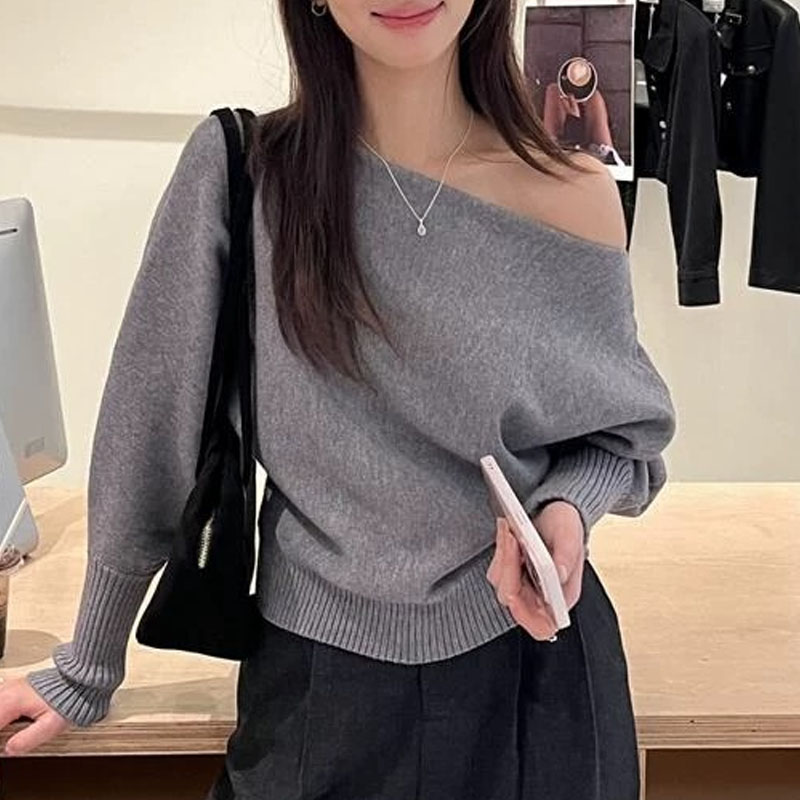 Gestrickte Pullover Frauen Pullover Neue Langarm Slash Neck Schwarz Stricken Pullover Pullover Frauen Tops Pullover Frauen Kleidung Q1476