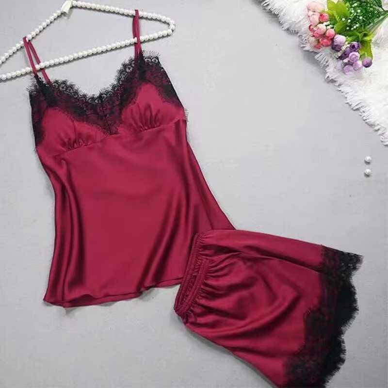 Pijama de mujer con cuello halter, camisola y pantalón corto, ropa de casa, rojo y negro, sexy, con encaje, ventilado, clásico, de verano, fino, sin relleno en el pecho