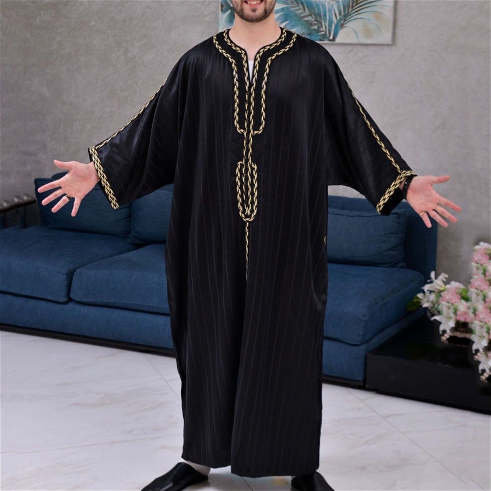 Ropa musulmana para hombres Galabia Islam Thobe Oman batas diseño de bolsillo cuello redondo Arabia Saudita hombre Color sólido Thobe para hombres