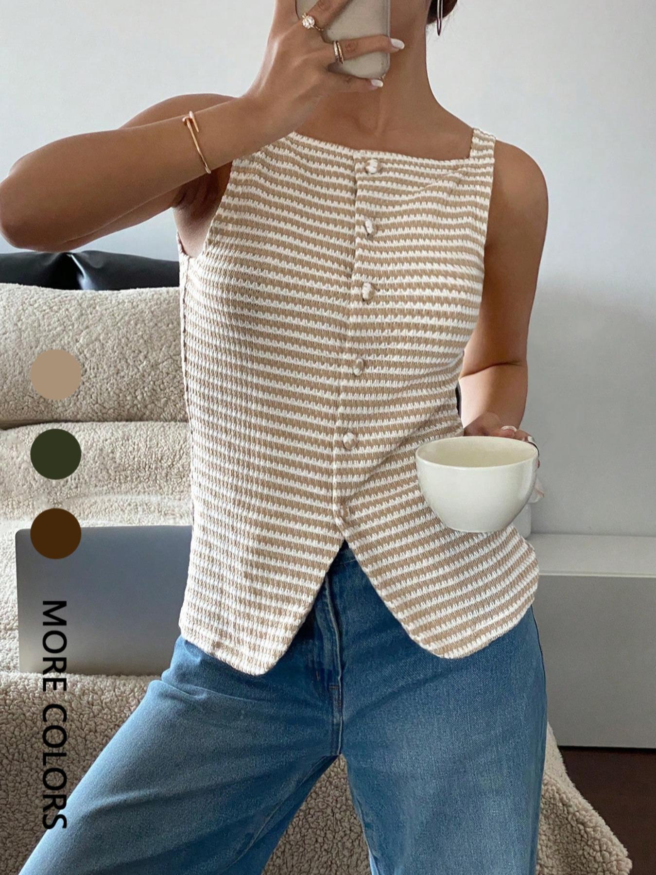 Colete Feminino Listrado com Botões, Top Casual Sem Mangas Semi-Transparente, Versátil para Uso Diário