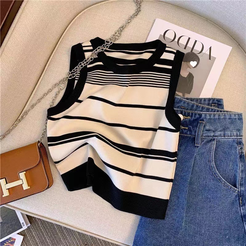 Camisetas sin mangas de punto a rayas informales para mujer con tops de vestido en contraste (rosa/blanco y negro)