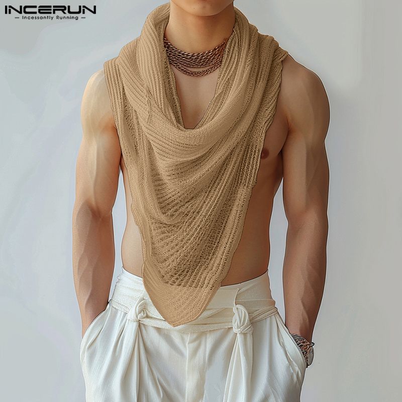 INCERUN Mannen Onregelmatige Tank Tops Effen Kleur Coltrui Mouwloze Transparante Vesten Zomer Streetwear 2024 Mode Mannen Kleding