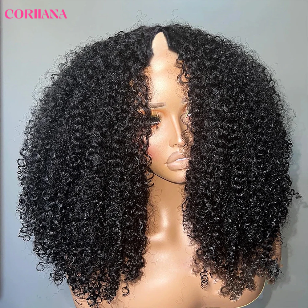 Peluca de cabello humano rizado 250% con parte en V, sin necesidad de dejar cabello sin rizar, peluca de ondas profundas en forma de V, sin pegamento, con clip, media peluca para mujer