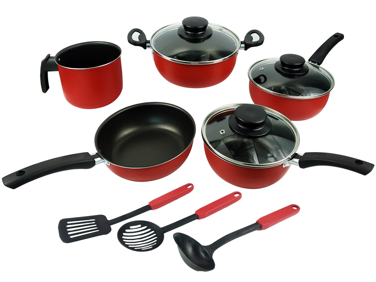 Elegante juego de utensilios de cocina antiadherentes y tapa de vidrio, 8 piezas