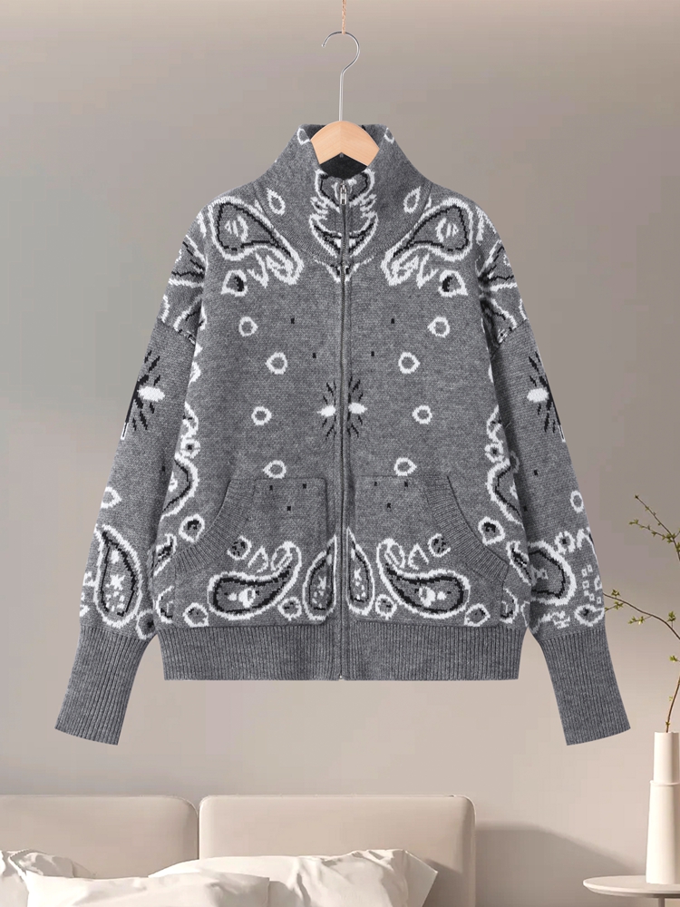 Vintage Stricken Jacquard Stehkragen Frauen Strickjacke Zipper Volle Hülse Taschen Lose Pullover Neue 2026 Frühling Dame Weiche Strickwaren