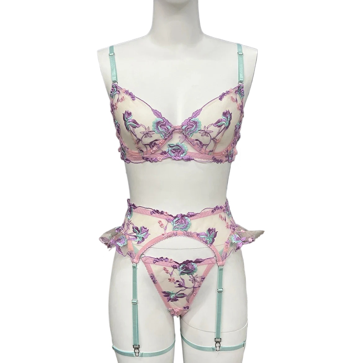 Lingerie Sexy da Fata, Intimo Floreale Trasparente con Volant e Giarrettiere, Biancheria Intima Delicata, Bellissimi Completi Trasparenti