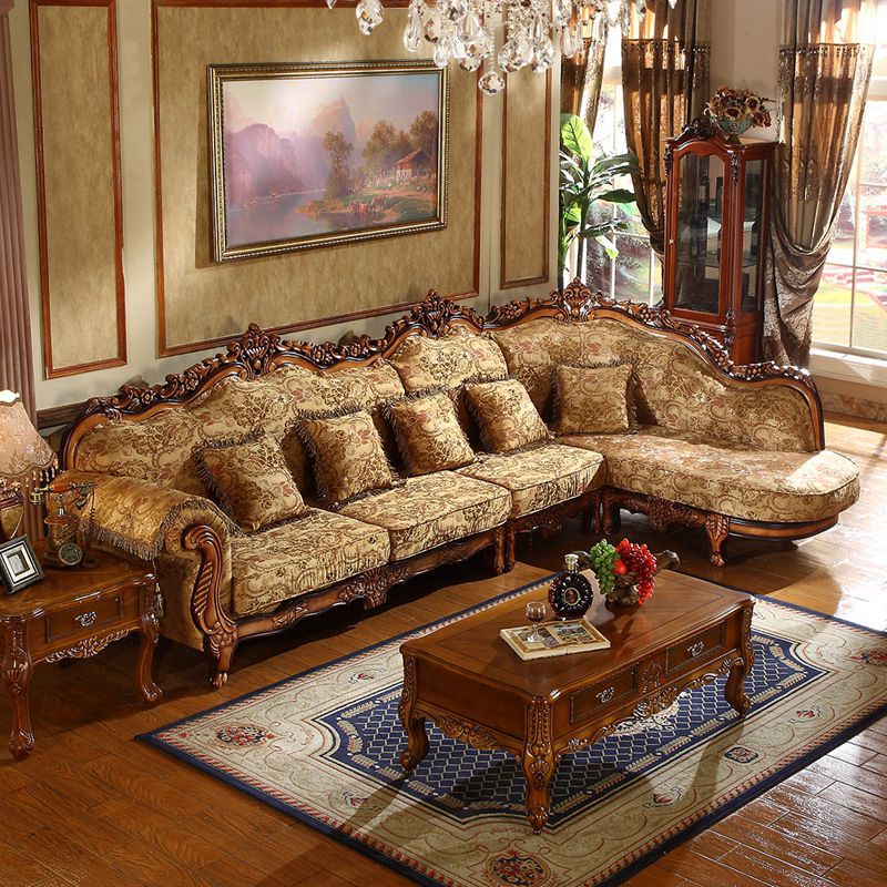 Set Sofa Sudut Bentuk L Klasik Eropa Antik Berbahan Beludru, Furnitur Ruang Tamu Mewah dengan Penyimpanan & USB, Vintage Corner