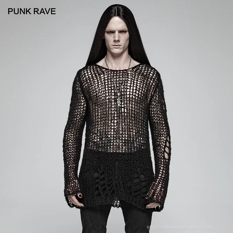 PUNK RAVE Suéter Masculino Gótico Casual com Efeito Rasgado, Preto Solto, Estilo Punk Cosplay Dark Visual Kei