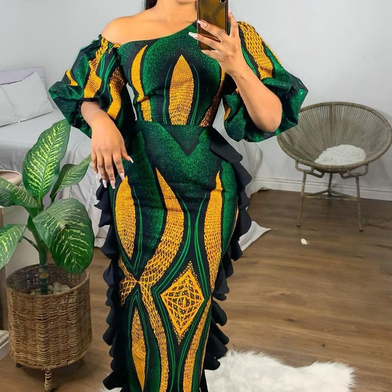 Vestidos africanos para mulheres primavera outono africano poliéster lanterna manga meia manga vestido longo maxi roupas africanas