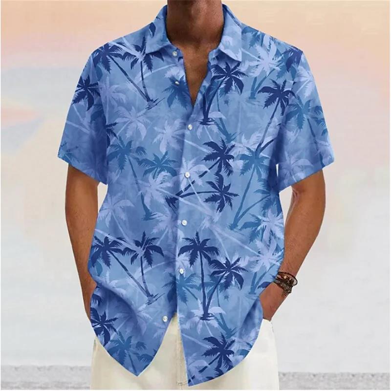 Heren Overhemden 2023 Kokospalm Print Revers Knoop Shirt Blauw Hawaiiaans Korte Mouwen Mode-Ontwerper Casual Zacht 7 Kleuren Zomer