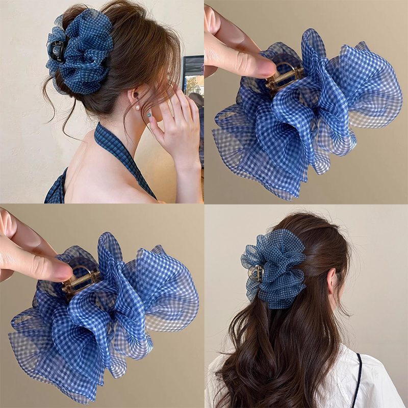 Jepit Rambut Seersucker Biru Kotak-kotak untuk Wanita Klip Hiu Temperamen Elegan Penjepit Rambut Klip Ekor Kuda Belakang Kepala Anak Perempuan Modis