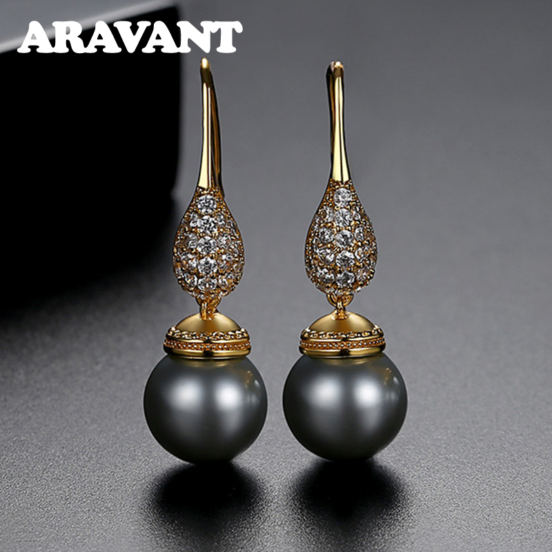 ARAVANT 925 Silver 18K Gold Water Drop Black Pearl Earring For Women Fashion Jewelry