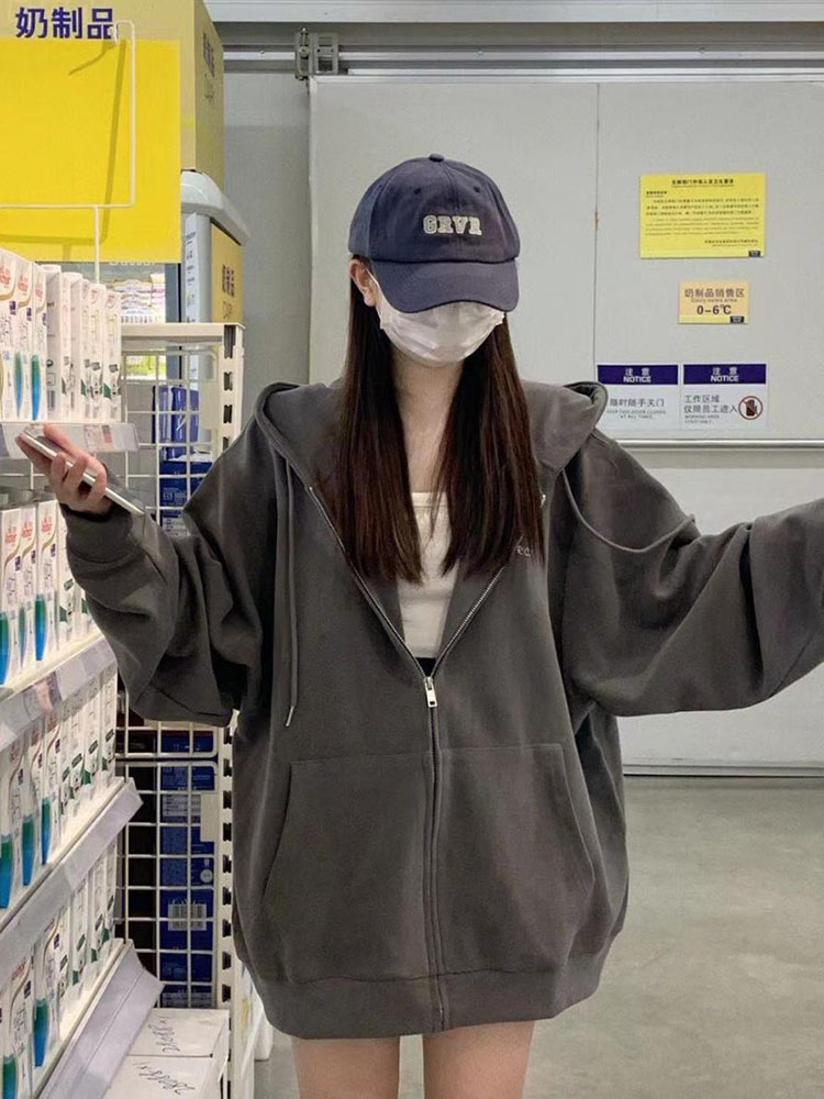 Sudaderas de gran tamaño para mujer, ropa informal Coreana de manga larga con capucha y cremallera, Y2k, ropa de calle Harajuku, color negro, otoño