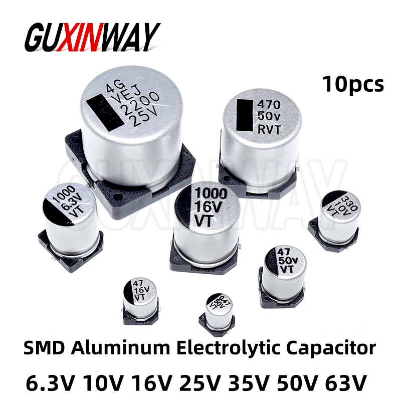 ตัวเก็บประจุมิเตอร์ไฟฟ้าแบบอิเล็กโทรไลต์อะลูมิเนียม SMD 10 ชิ้น 6.3V 10V 16V 25V 35V 50V 1UF 2.2UF 10UF 22UF 47UF 100UF 220UF 470UF 1000UF