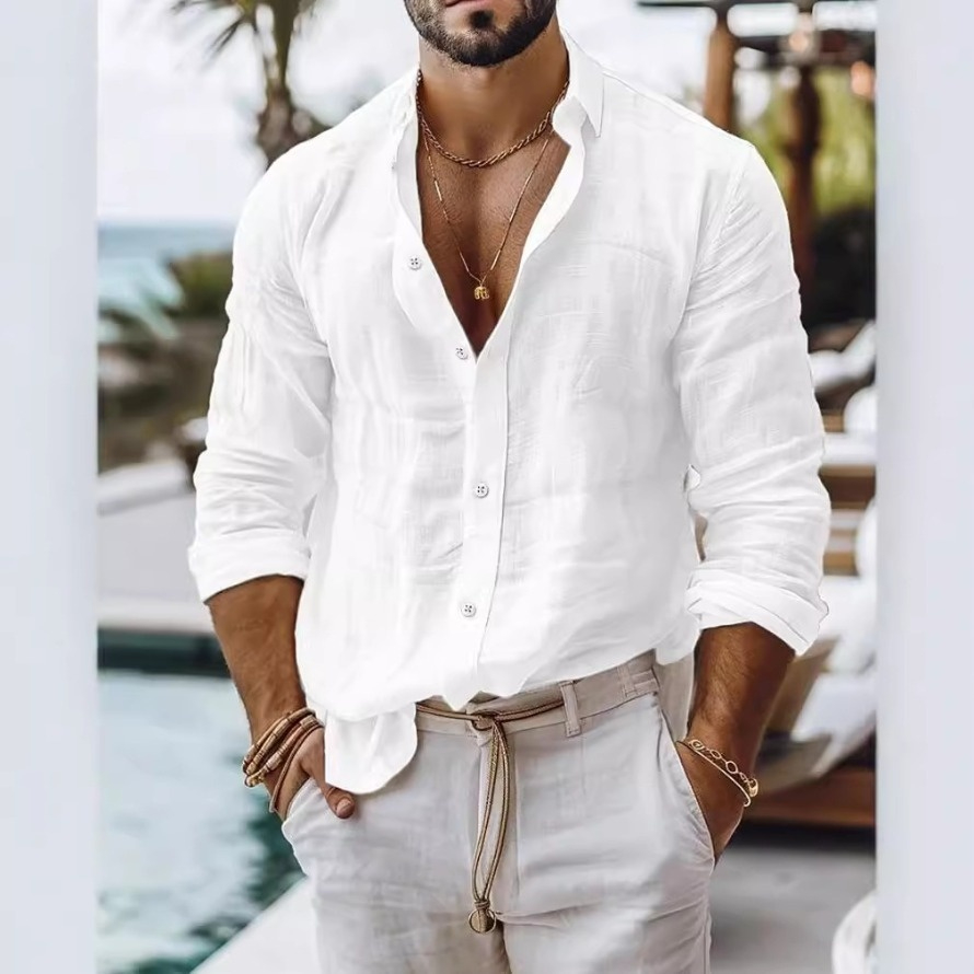 Men's Solid Color Cotton Linen Blend Breathable Sweat Absorbing Easy to Maintain Long Sleeved Shirt Business Casual Slim Fit
