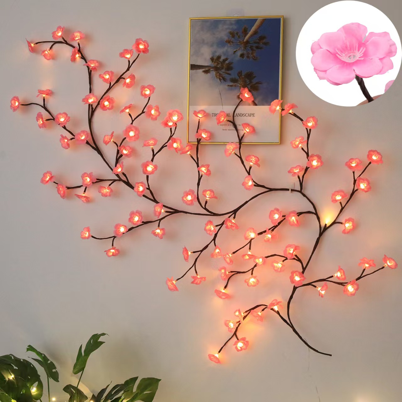 Kirschblüten-LED-Baumzweig-Lichter mit 72/96 LED-Lichtern, Pfirsichblüten-Weidenranken-Girlande für Innenpartys, Heim, Wand, Tür, Fenster