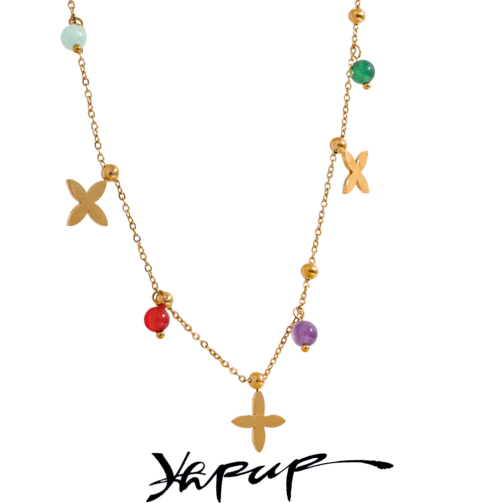 Yhpup colorido impermeable Piedra Natural flor gota cadena de acero inoxidable Collar estético Collar de moda joyería para mujer