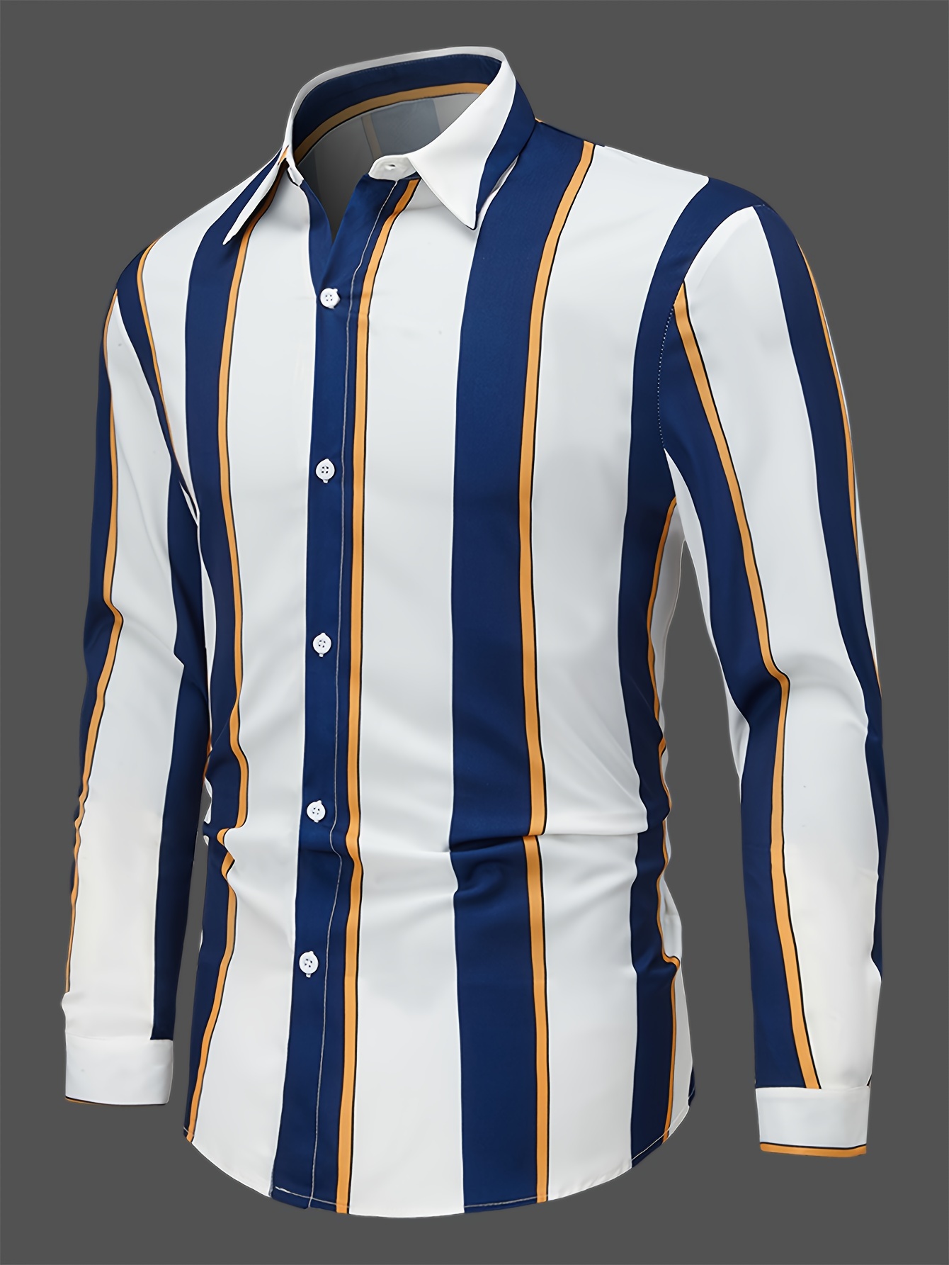Kemeja Kerah Kancing Poliester Warna Polos Lengan Panjang Bergaris Regular Fit Kasual Pria, Tenun, Kain Tidak Melar