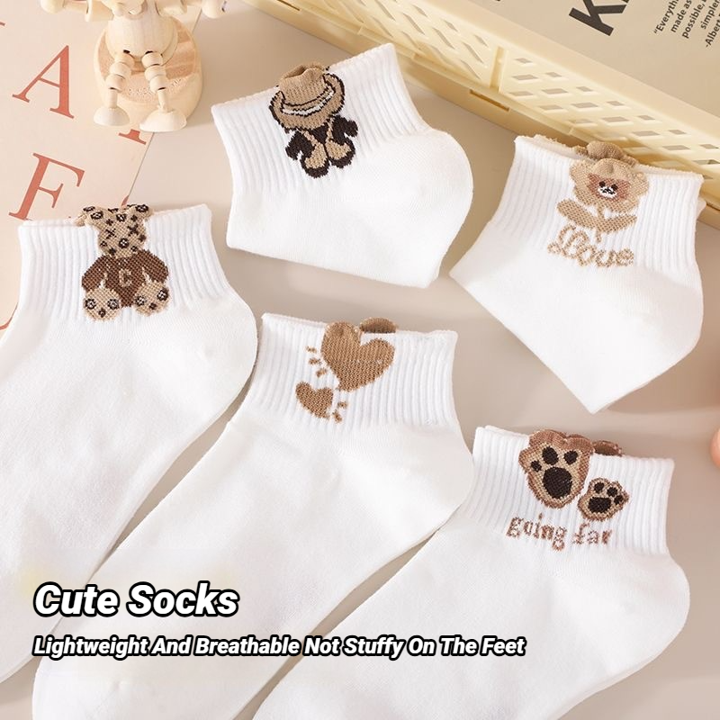 5 Pairs Women's Fashionable Versatile Creative Cartoon Teddy Bear Patterned Breathable Comfortable Casual Ankle Socks
