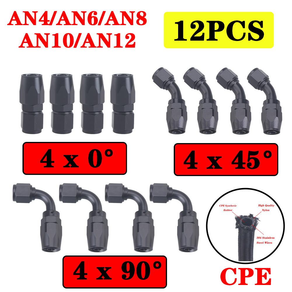 12 pièces universel AN4 AN6 AN8 AN10 AN12 droit 0 45 90 degrés en aluminium pivotant tuyau fin raccords adaptateur CPE huile carburant tuyau de conduite