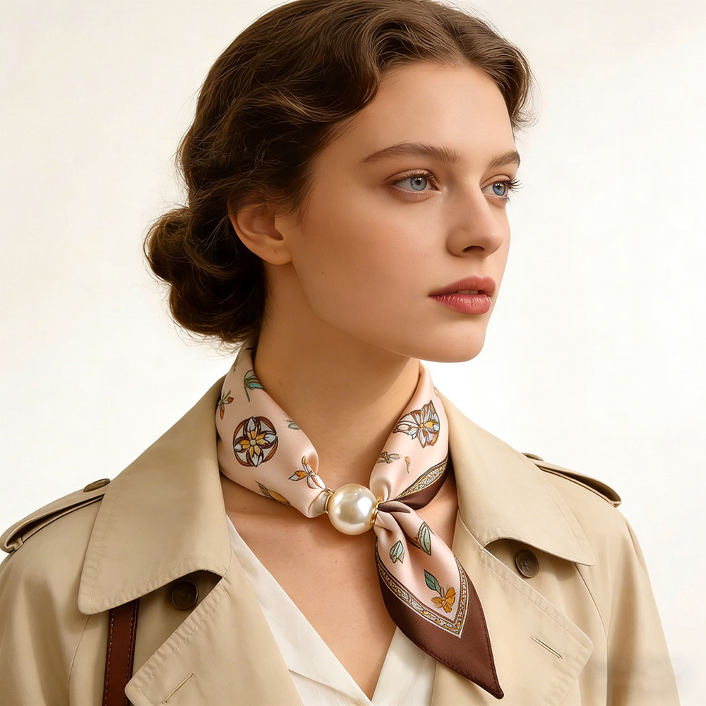 Sciarpa Magnetica in Seta con Perle, Sottile, con Catenella Pendente e Fibbia, Foulard da Donna, Accessori