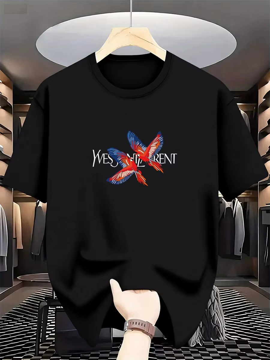Nowy model na wiosnę i lato 2026, modny T-shirt z nadrukiem papug, marki międzynarodowej, z okrągłym dekoltem, wykonany z czystej bawełny.