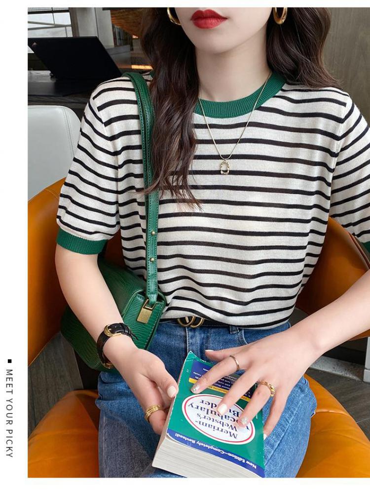 2025 ストライプトップス女性ニットラウンドカラー夏のプリント半袖カジュアルシンプルなワイルド Tシャツ