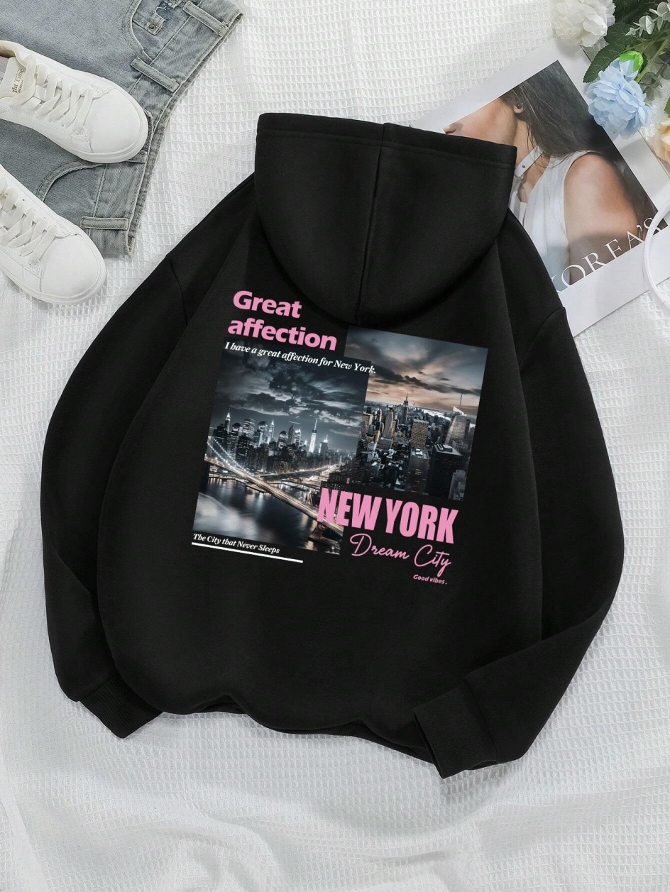 Sudaderas con capucha con estampado de New York Dream City, moda informal para mujer, jersey de lana con bolsillo cálido, sudadera deportiva de gran tamaño, ropa de calle