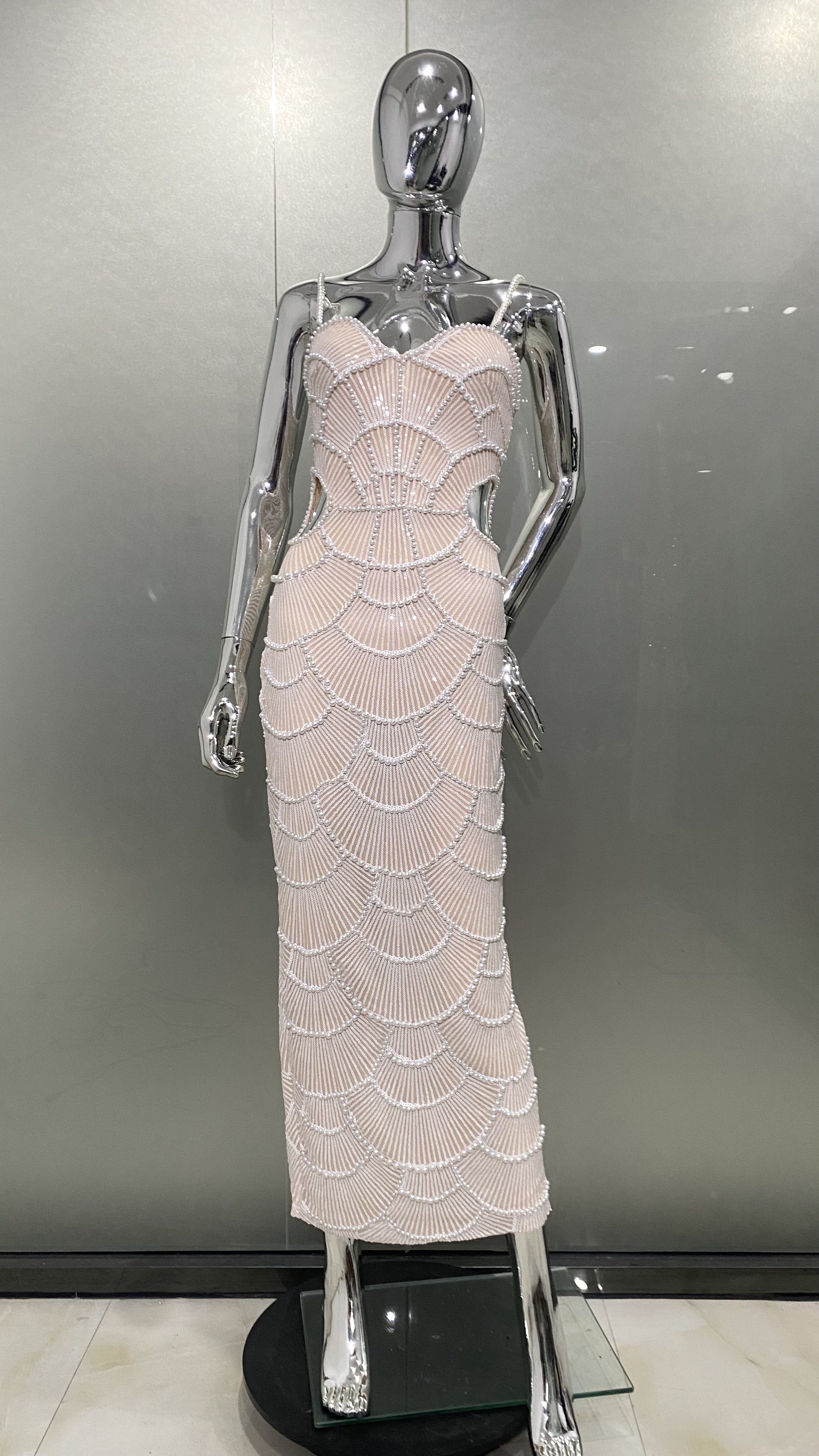 High Quality Women Sexy Pearl Beading Sequins Bodycon Mid-calf Dress Fashion Celebrate Evening Party Birthday Dress Wholesale