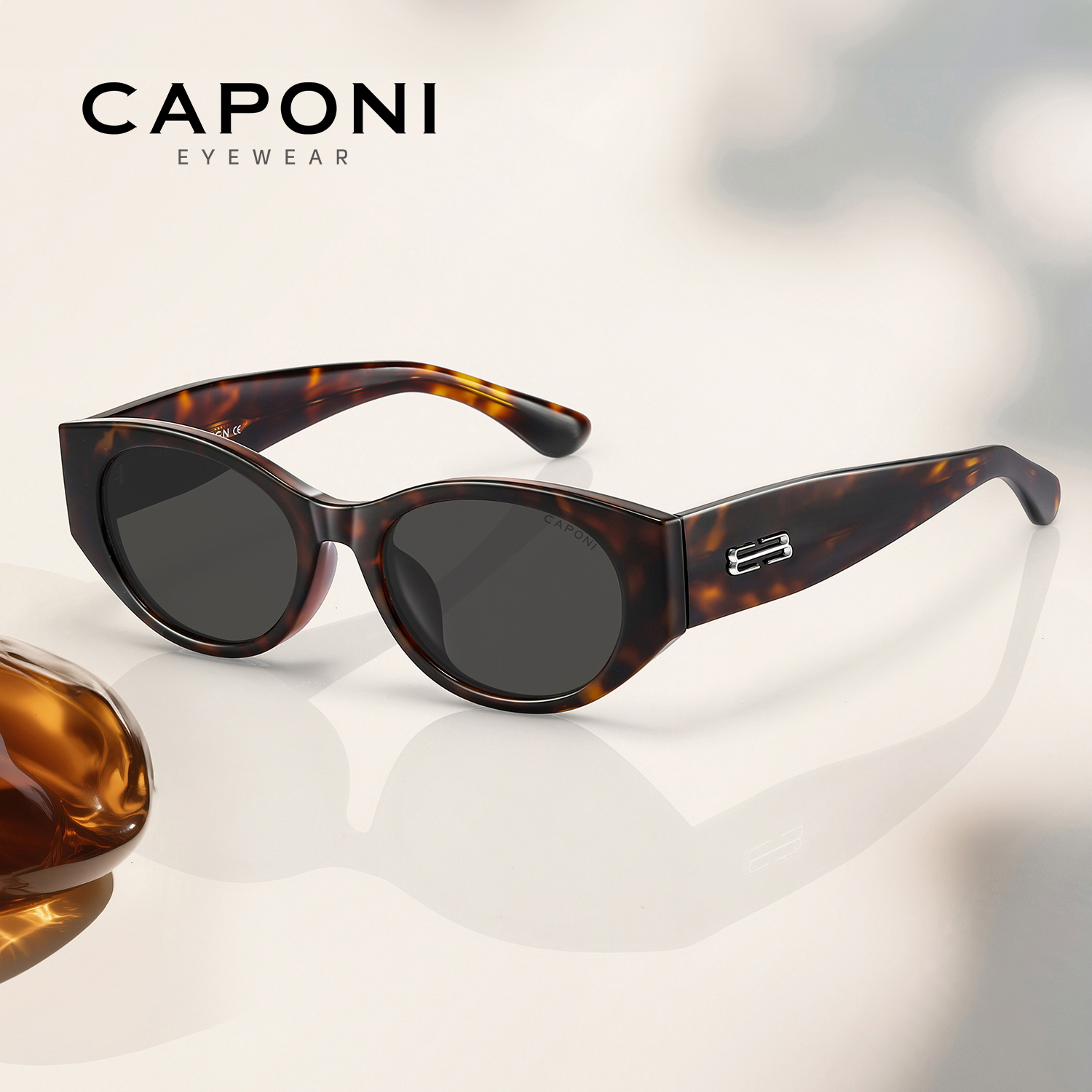 CAPONI Polarized Women Sunglasses Fashion Outdoor Vintage Design Cat Eye Eyewear Acetate UV400 Protection Black Shades CP35010