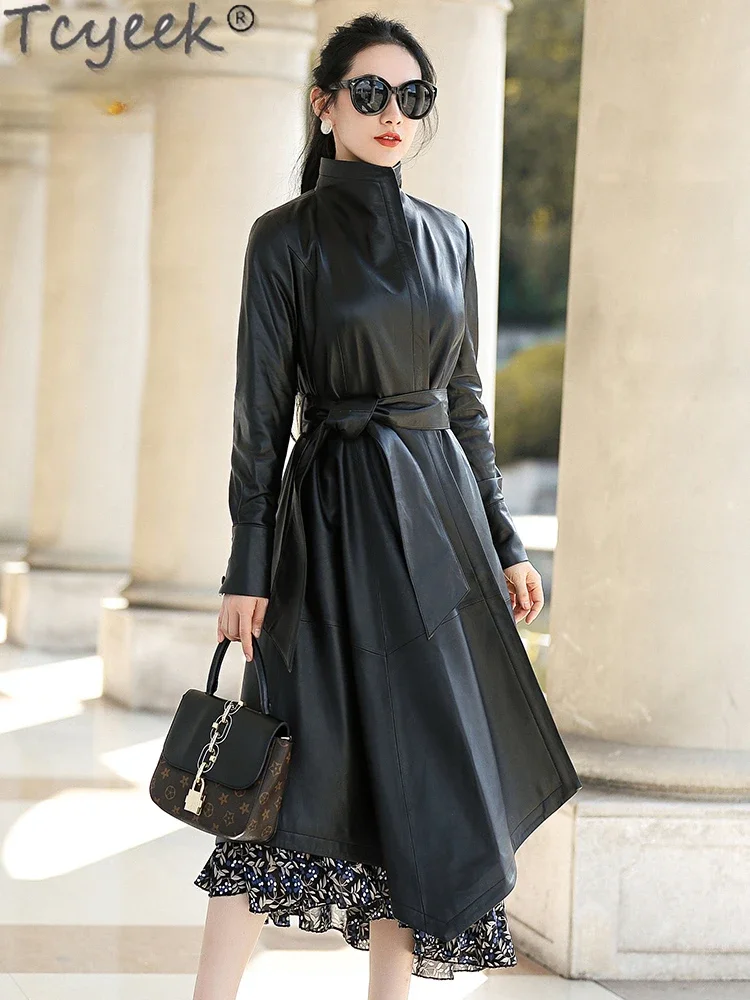 Tcyeek Echt Leder Jacke Frauen Mid-länge Graben Mantel Frau Natürliche Schaffell Mantel Baumwolle Jacken Frühling Herbst Kleidung Gürtel