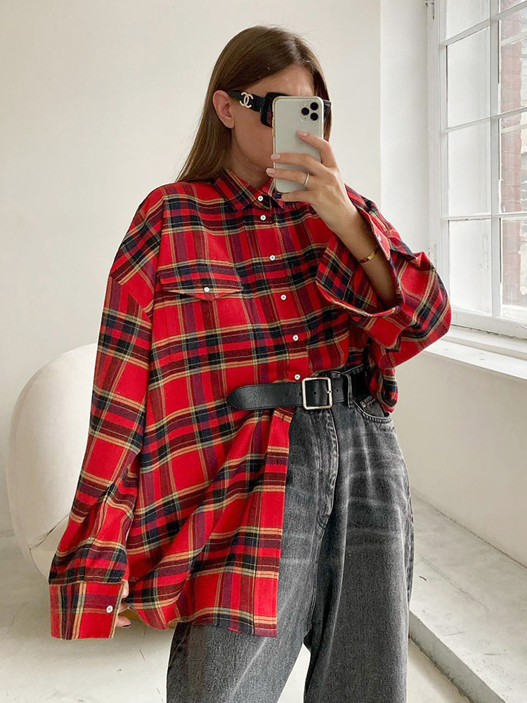 เสื้อแขนยาวผู้หญิงทรงหลวมเสื้อเชิ้ตลายสก๊อตหนาวินเทจสำหรับฤดูใบไม้ร่วงฤดูหนาว2023